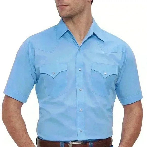 Ely Cattleman Blue Short Sleeve Solid Western Pearl Snap Button Down XL Shirt - Picture 5 of 5